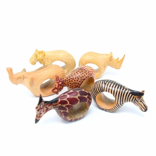 Set of Six Mahogany Wood Animal Napkin Rings