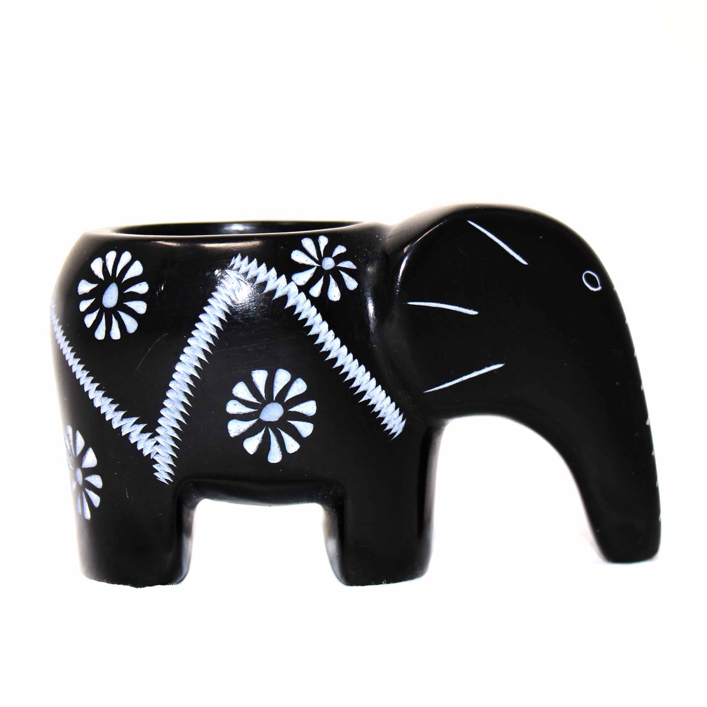 Elephant Soapstone Tea Light — Black Finish with Etch Design