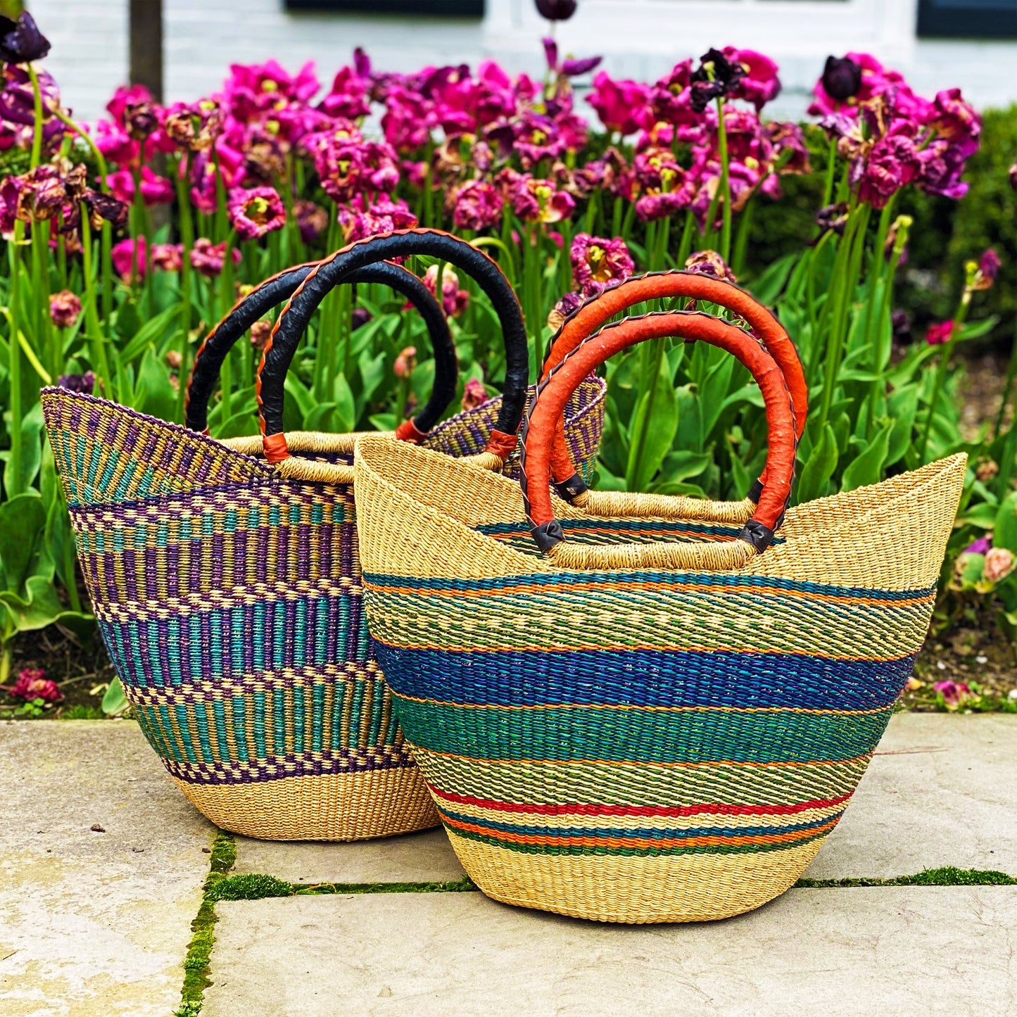 bolga-tote-mixed-colors-with-leather-handle-18-inch