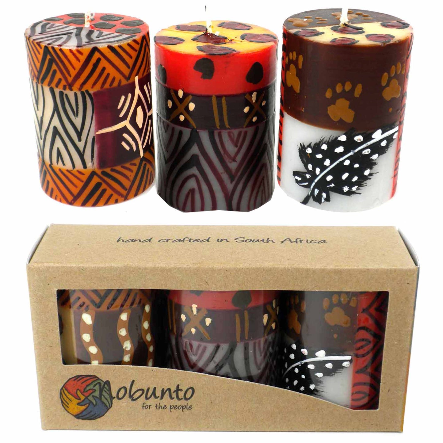 This set of three candles, hand-painted by South African artisans, arrives in a recycled cardboard gift box. Each candle is 2.5 inches tall by 1.75 inches in diameter.