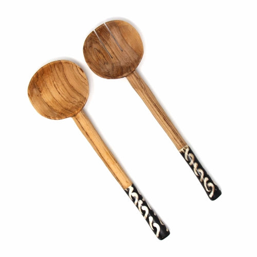 Olive Serving Set with Batik Bone Handles 10 Inch