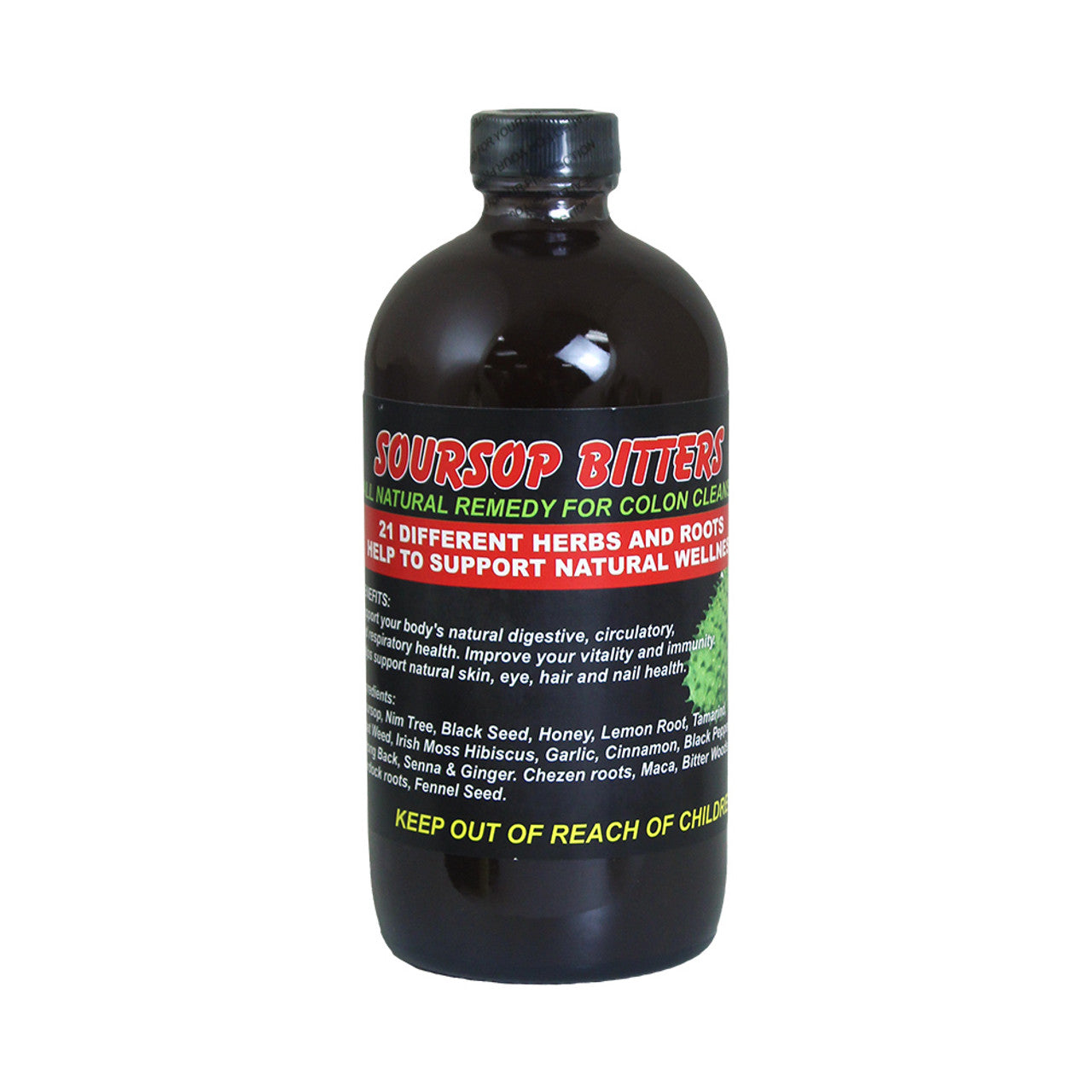 Bottle of Natural Herbal Soursop Bitters on wooden table