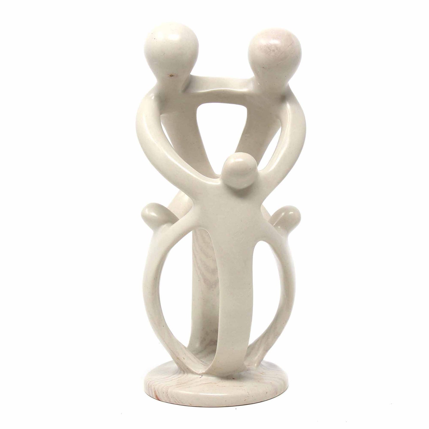 African Soapstone is among the most beautiful in the world. Mined by hand from surface mines large stones are pulled by a team of workers, cleaved into smaller pieces and worked into stunning art and functional objects. This sculpture depicts a stylized family of 2 parents and 3 children. The soapstone is natural. Please allow for color variation from cream to pink to gray in any single piece. Approximately 10 inches tall by 5 inches wide.