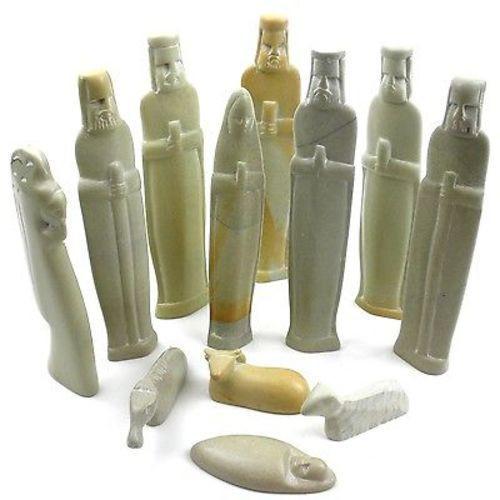 Hand carved from cream-colored soapstone in Kenya, this nativity set has 12 pieces, the tallest of which is 6 inches tall. Variations in color and design will occur due to the nature of the stone and the individual carver.