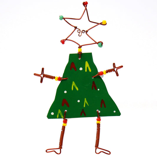 Enjoy the holidays with this 4-inch tall dancing girl tree pin. Made in Kenya, it is hand painted and made from copper wire and sheets of misprinted bottle caps. Safety pin closure.