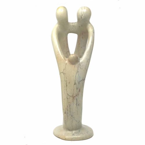African Soapstone is among the most beautiful in the world. Mined by hand from surface mines large stones are pulled by a team of workers, cleaved into smaller pieces and worked into stunning art and functional objects. This sculpture depicts a stylized family.  The soapstone is natural.  Please allow for color variation from cream to pink to gray in any single piece.  Dimensions: 8 inches tall by 4 inches wide and 3 inches in diameter.