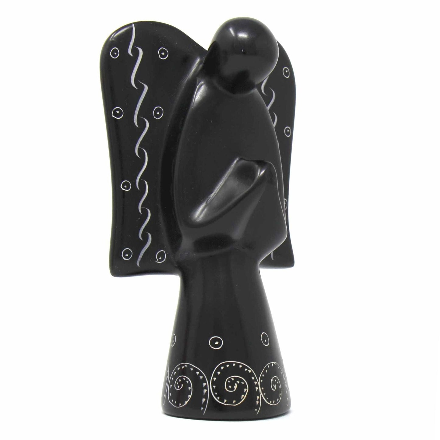Soapstone Angel Sculpture — Black Finish with Etch Design