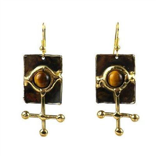 Fun yet elegant, these earrings made by South African artisans are made from antique and polished brass and adorned with gold tiger eye stones.  The coloration on these 1.75-inch long earrings that hang from brass hooks is achieved with high heat.