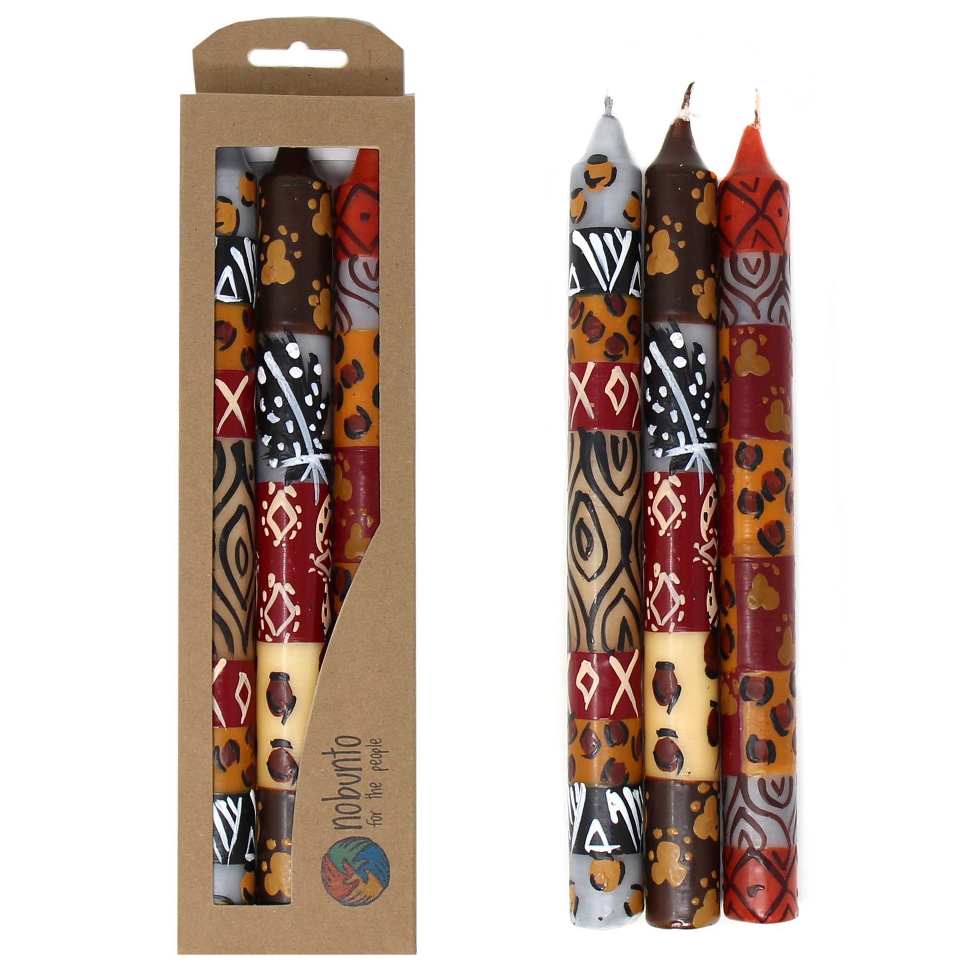 This set of three candles, hand-painted by South African artisans, arrives in a recycled cardboard box.  Each candle is 9 inches tall by 0.75 inches in diameter.