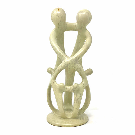 African Soapstone is among the most beautiful in the world. Mined by hand from surface mines large stones are pulled by a team of workers, cleaved into smaller pieces and worked into stunning art and functional objects. This sculpture depicts a stylized family of 2 parents and 4 children.  The soapstone is natural.  Please allow for color variation from cream to pink to gray in any single piece.  Approximately 10 inches tall by 5 inches wide.
