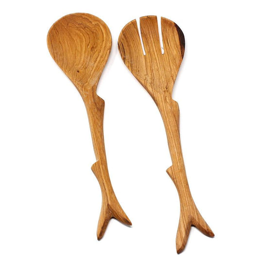 This olive wood salad serving set is handmade in Kenya and have carved rustic twig design handles. 12 inches.