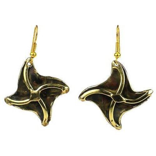 Handcrafted in South Africa, these earrings are shaded pinwheels of brass accented with polished brass strips. The coloration on these 1.25-inch long earrings, which hang from brass hooks, is achieved with high heat rather than paints or dyes.