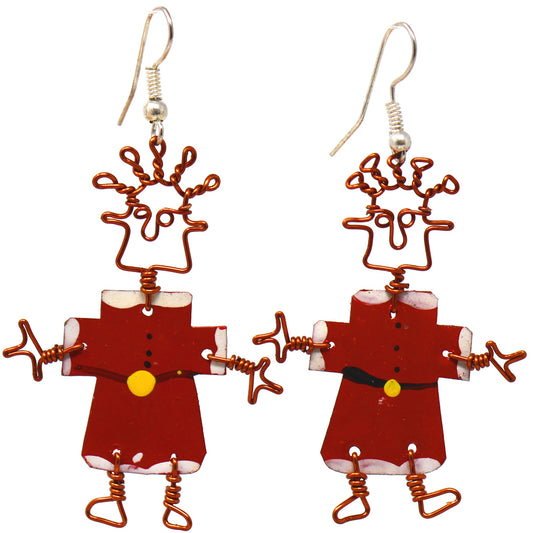 This pair of handmade dancing girl earrings features a playful holiday design, made from recycled tin cans and copper wire. Earrings hang approximately 1.75 inches from hypoallergenic hooks.