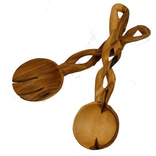 Handmade in Kenya, these 8-inch salad servers are carved from a single piece of olive wood in a unique twisted design.