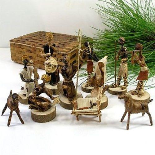 This Nativity set is handcrafted out of banana fiber wrapped on wire and includes a 5 1/4 by 7 1/4 inch handmade banana fiber box for storage. The tallest piece is 5 inches high.