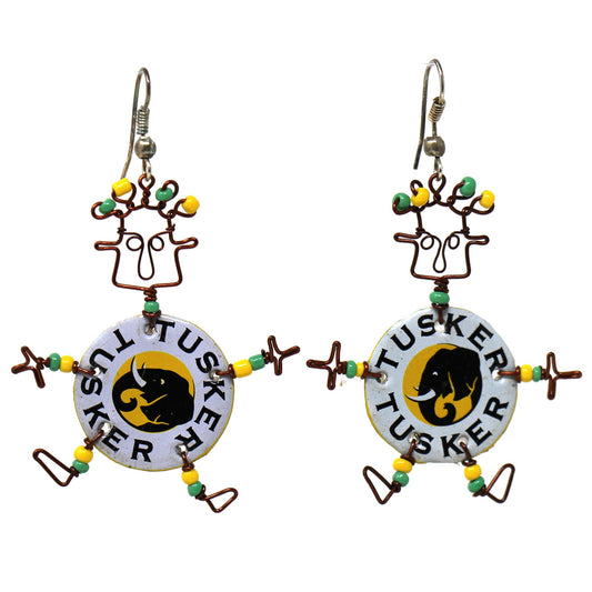 Delightful dancing girl earrings with bodies of Tusker lager bottle caps are accented with copper wire and colorful Maasai beads. Earrings hang approximately 1.5 inches from lead free silver metal hooks. Bead colors will vary.