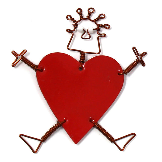 Delightful dancing girl pin made from recycled painted tin heart and copper wire, accented  with colorful Maasai beads (bead color may vary). Mounted on a safety pin for attaching to a lapel, hat, or backpack. Pin is approximately 2 inches wide.