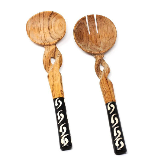 11-Inch Olive Wood Salad Serving Set with Twisted Handles