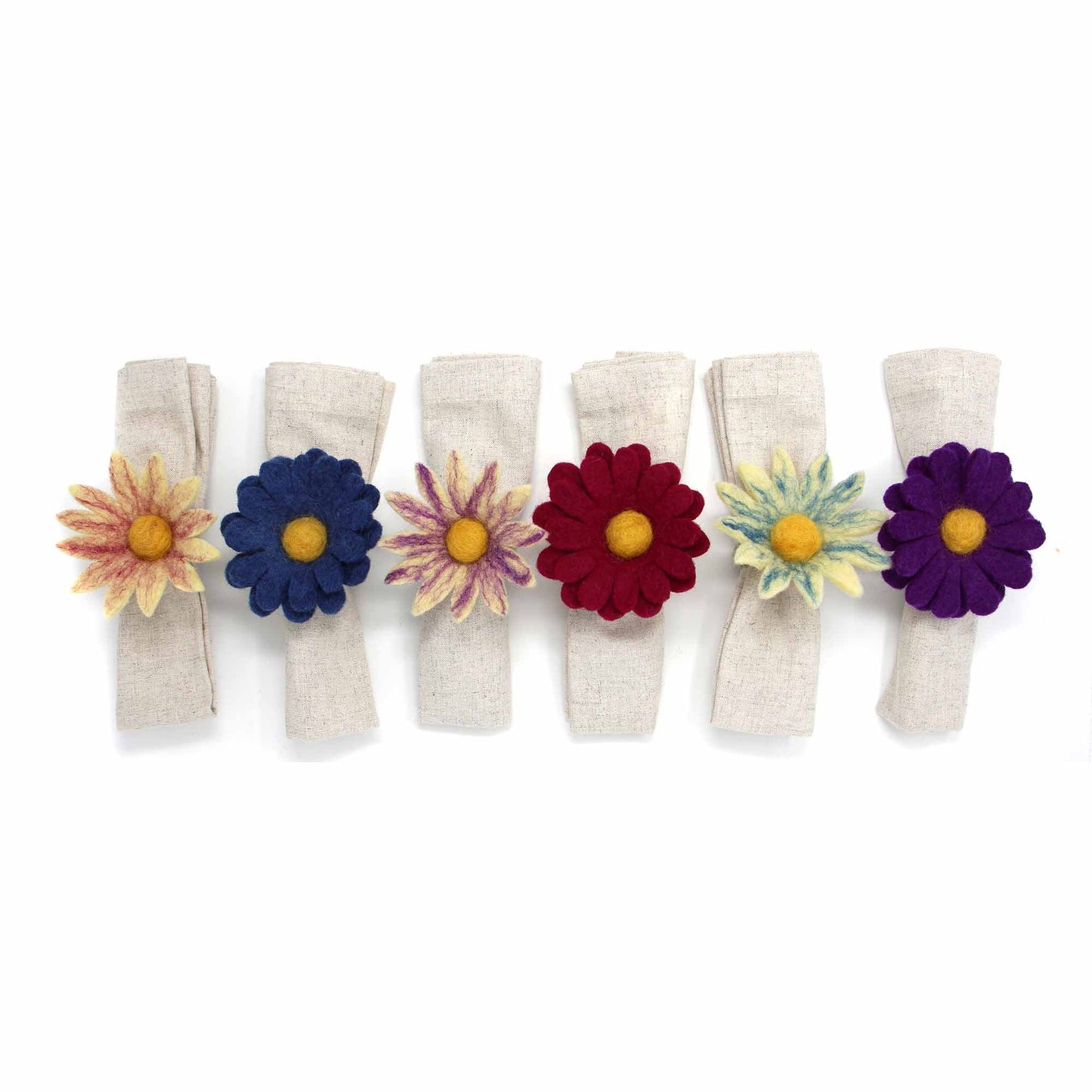 hand-crafted-felt-from-nepal-set-of-6-napkin-rings-assorted-daisies-for-fall