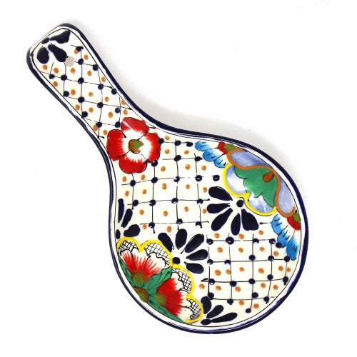 handmade-pottery-spoon-rest-dots-flowers-encantada