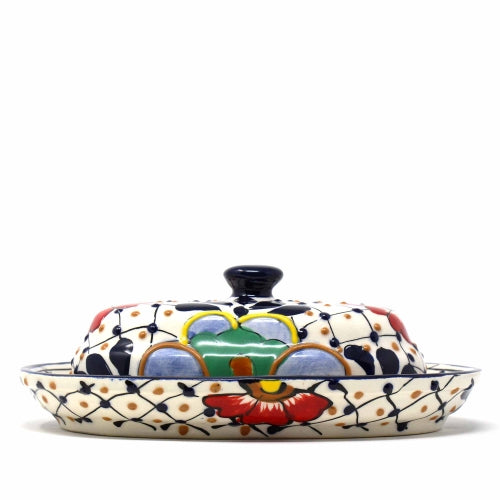 handmade-pottery-butter-dish-dots-flowers-encantada