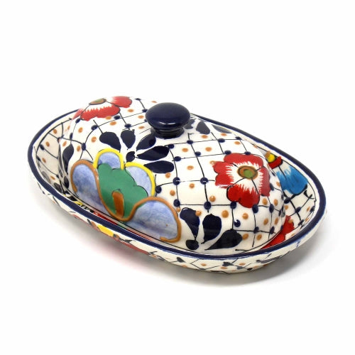 handmade-pottery-butter-dish-dots-flowers-encantada