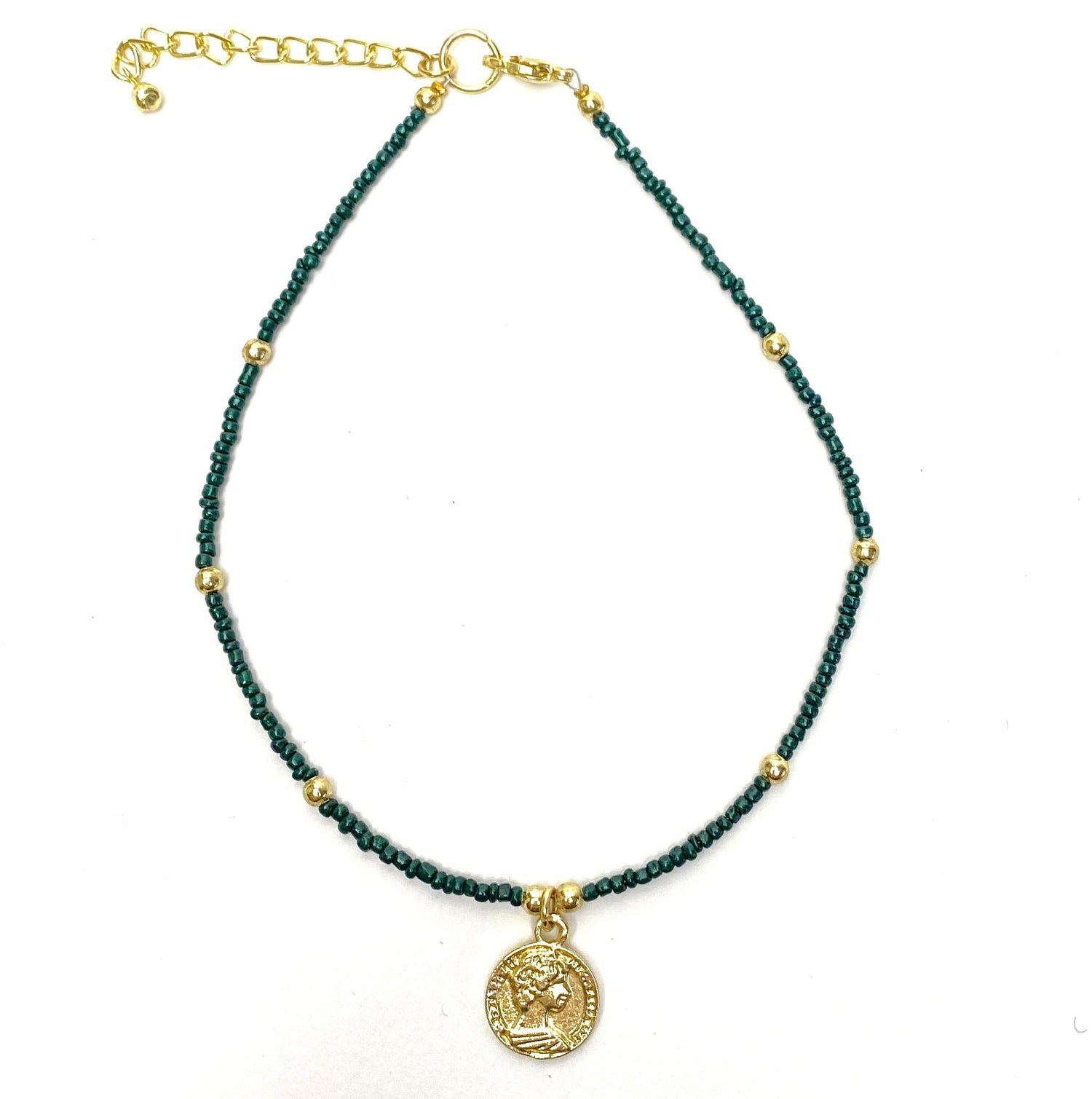 dark-green-glass-bead-choker-with-brass-coin-pendant