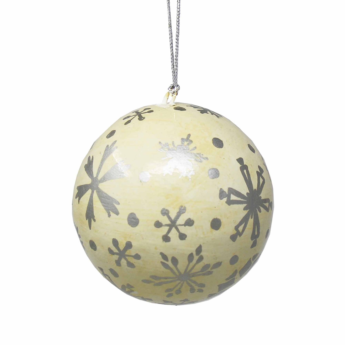 handpainted-silver-snowflakes-and-dots-papier-mache-hanging-ball-ornament