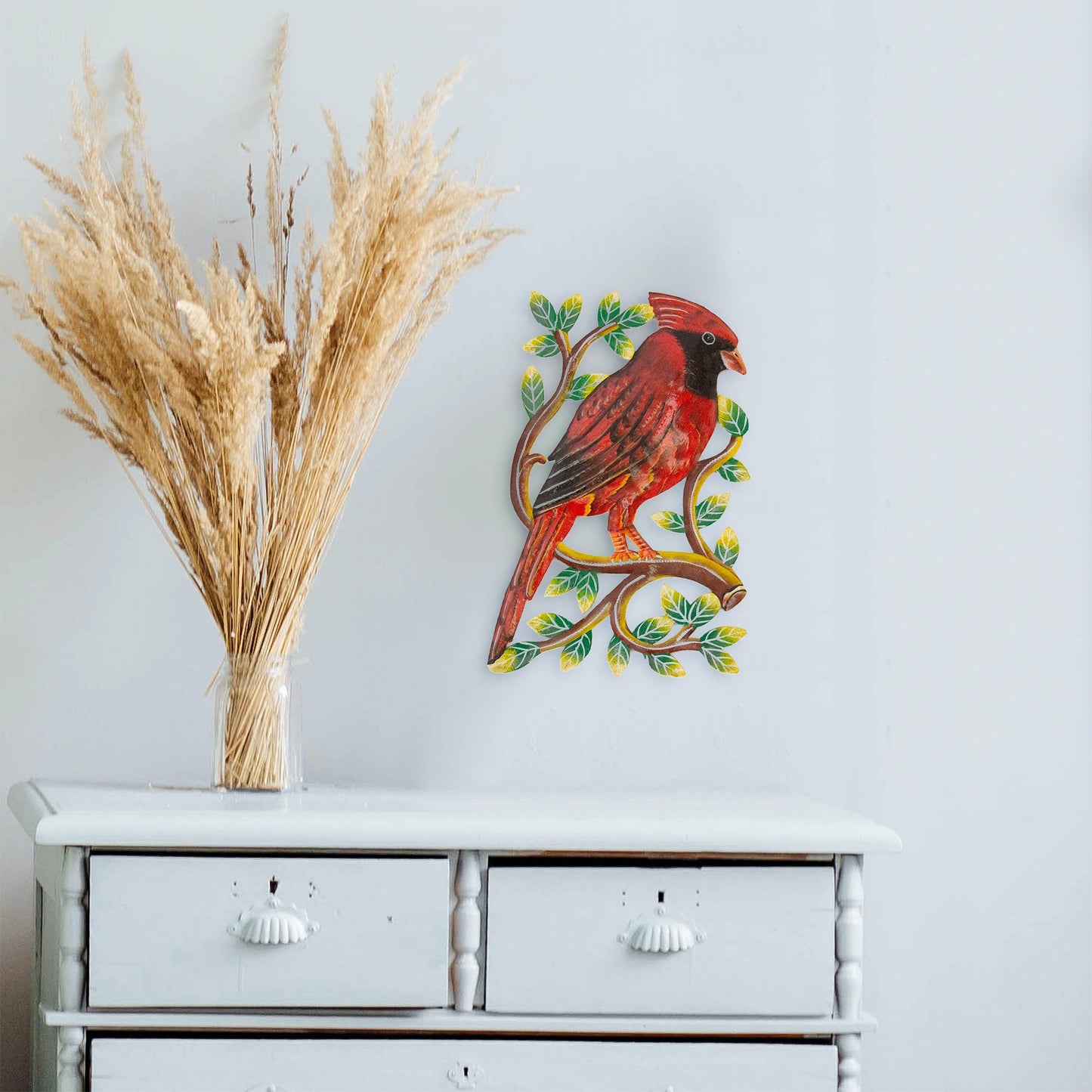 cardinal-on-branch-painted-haitian-steel-drum-wall-art