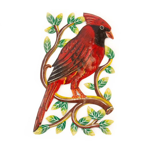 cardinal-on-branch-painted-haitian-steel-drum-wall-art