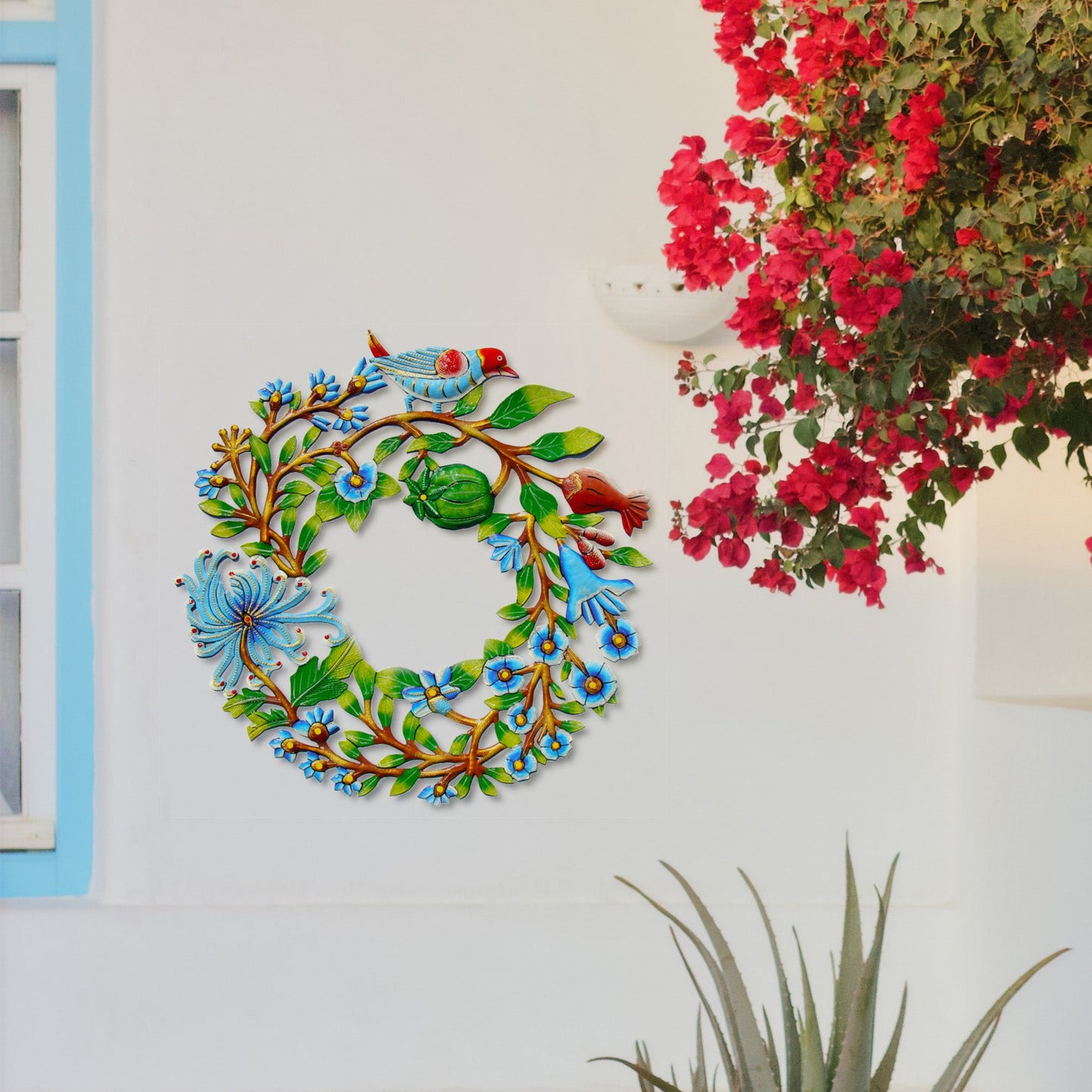 blue-bird-door-wreath-haitian-metal-drum-wall-art